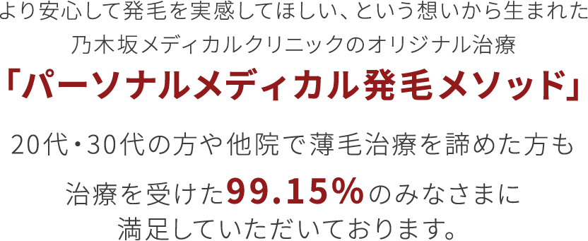 より安心して発毛を実感してほしい、という想いから生まれた乃木坂メディカルクリニックのオリジナル治療「パーソナルメディカル発毛メソッド」 20代・30代の方や他院で薄毛治療を諦めた方も治療を受けた99.15％のみなさまに満足していただいております。